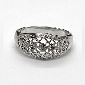 Vtg 925 Sterling Silver & Diamond Domed Lattice Open Design Ring  RJ 925 | Sz 11